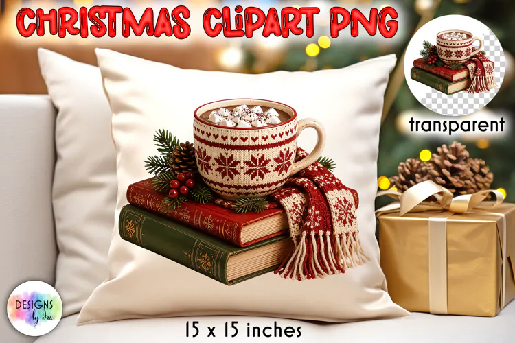 Christmas Cocoa Books and Knitted Scarf PNG