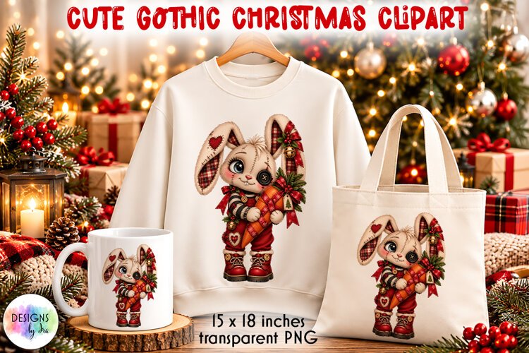 Gothic Patchwork Christmas Bunny PNG Clipart example image 1