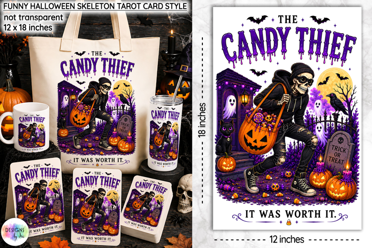 Funny Halloween Tarot Card, Funny Candy Thief Skeleton PNG
