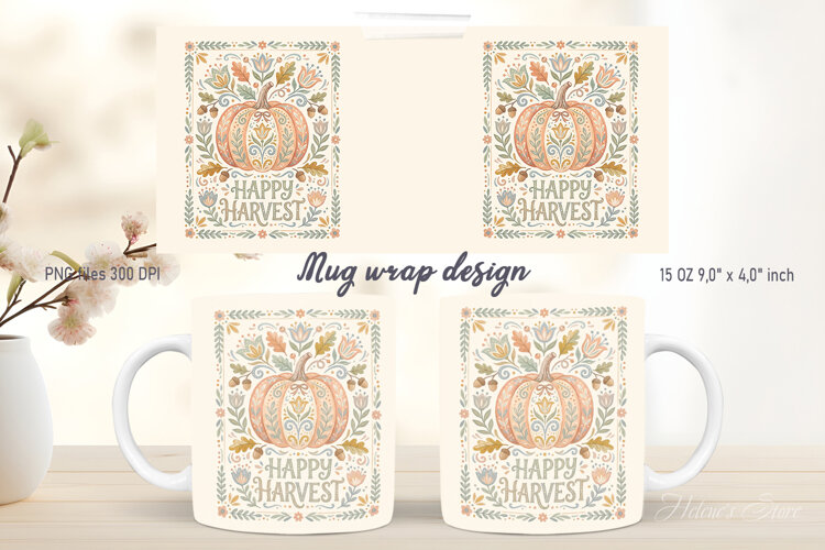Happy Harvest Pumpkins mug wrap design | Farmhouse pattern example image 1