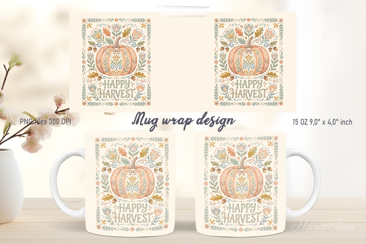 Happy Harvest Pumpkins mug wrap design | Farmhouse pattern