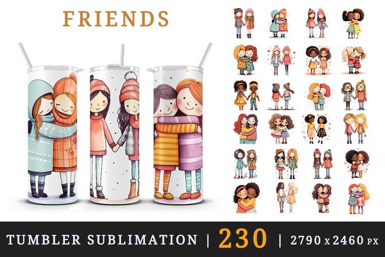 230 watercolor cute adorable friends hugging holding hands friendship little girls design wraps sublimation bundle for 20 oz tumbler