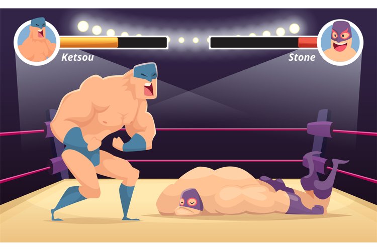 Fighting game. muscle strong fighters on the ring battle pl