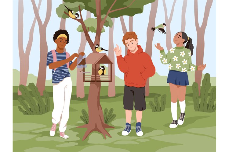 Children feed birds. Happy boys and girls pour food into fee example image 1