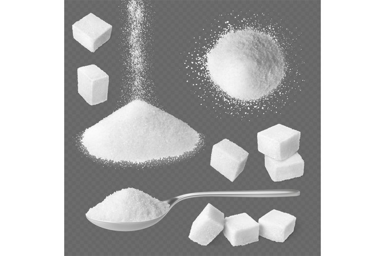 Realistic white sugar, heap salt and sugar in metallic spoon