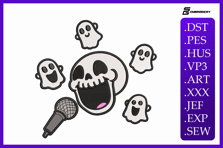 Rocking Skull with Ghosts Embroidery Designs For Machine