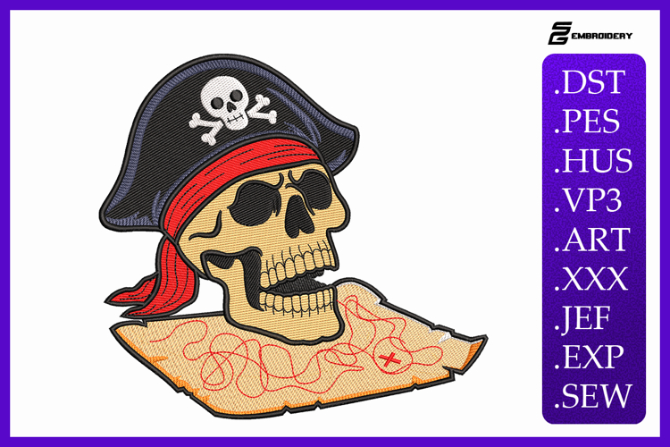 Pirate Skull and Treasure Map Embroidery Designs For Machine