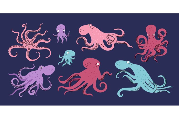 Color cartoon octopuses. Funny marine invertebrate animals.