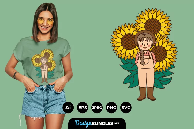 Big Sunflowers and a Girl for T-Shirt Design