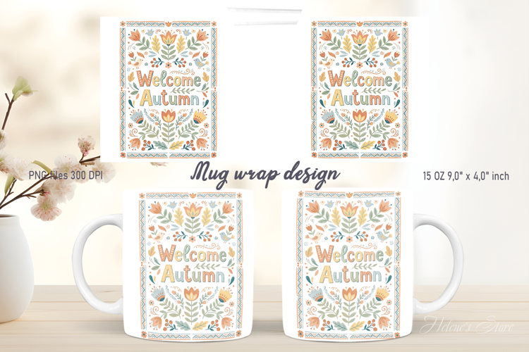 Welcome Autumn Leaves mug wrap design |Farmhouse pattern png