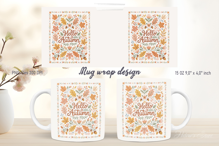 Hello Autumn Leaves mug wrap design |Farmhouse pattern png