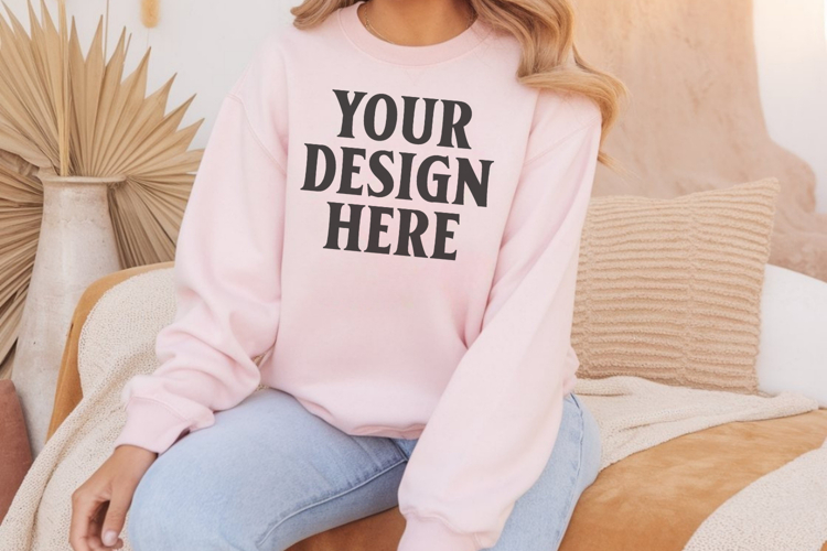 Gildan 18000 Light Pink Mockup , Crewneck Sweatshirt Boho