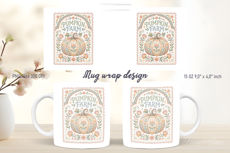 Pumpkin farm mug wrap design|Cute Farmhouse folk pattern png