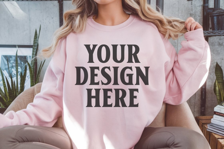 Gildan 18000 Light Pink Mockup , Crewneck Sweatshirt Boho