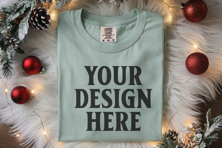 Seafoam Comfort Colors 1717 Christmas Folded T-Shirt Mockup