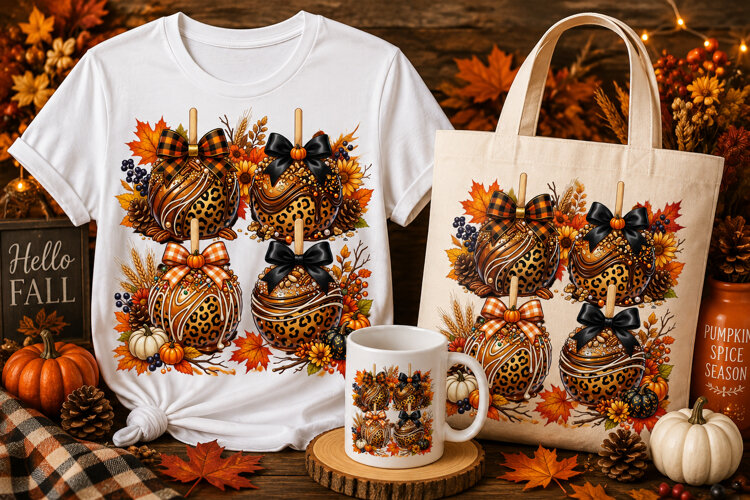 Fall Caramel Apple PNG | Leopard Autumn Sublimation Design example image 1