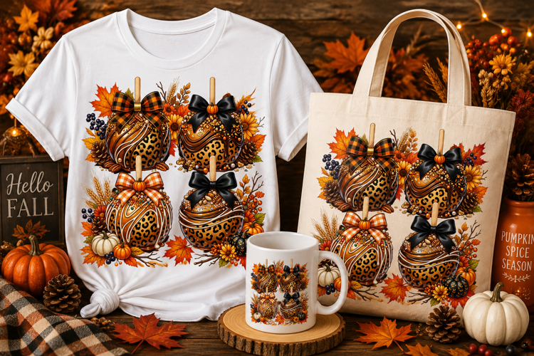 Fall Caramel Apple PNG | Leopard Autumn Sublimation Design