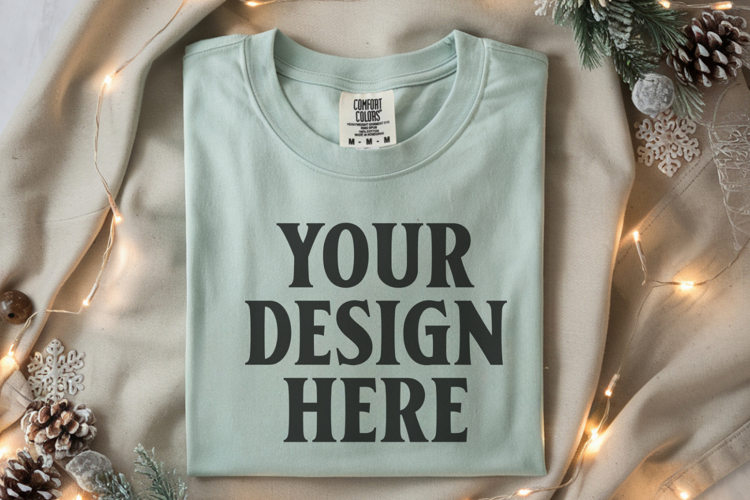 Seafoam Comfort Colors 1717 Christmas Folded T-Shirt Mockup