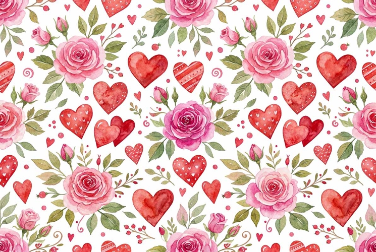 Romantic watercolor hearts and flowers pattern
