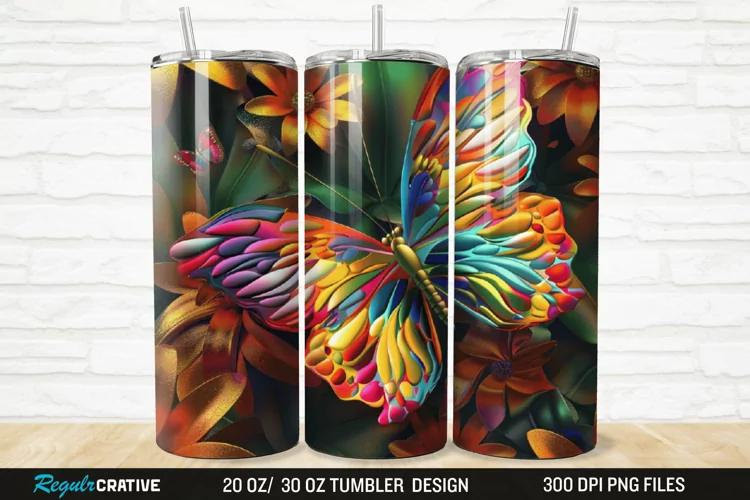 3D Colorful Flower Butterfly 20/30oz Skinny Tumbler