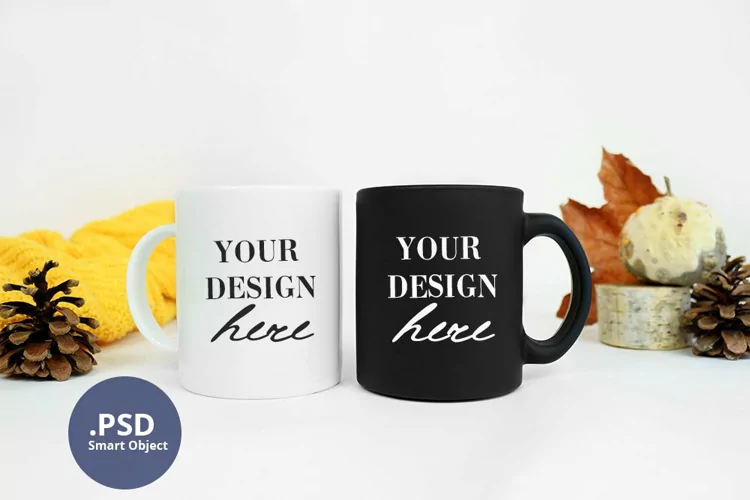 11oz White & Black mug mockup Autumn, Fall Two mugs mockup