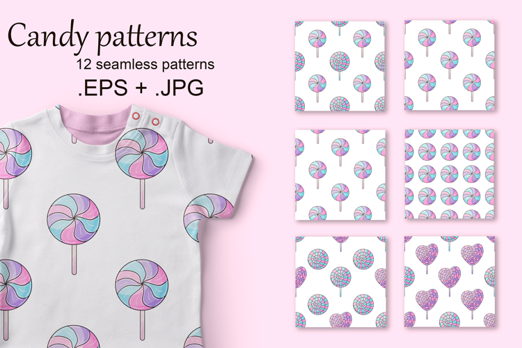 Candies. Cute pattern with sweets. Round purple lollipops