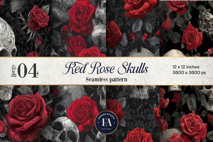 Red Rose Skull Pattern, Gothic Floral Skull Digital Paper