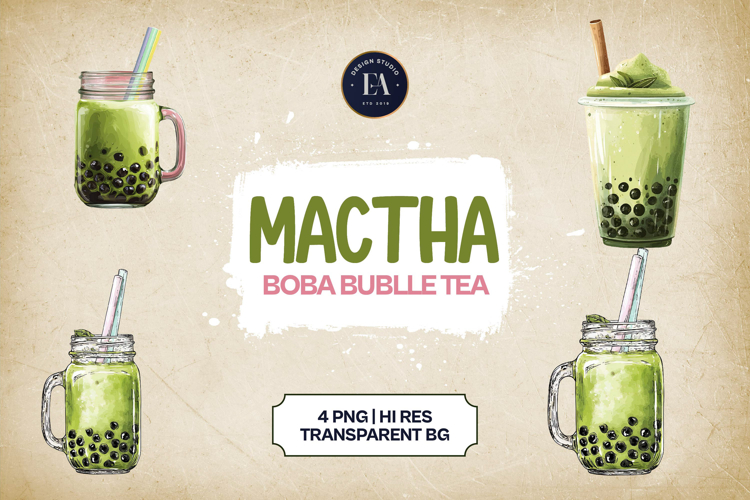 Matcha Boba Bubble Tea Clipart Bundle 4 PNG