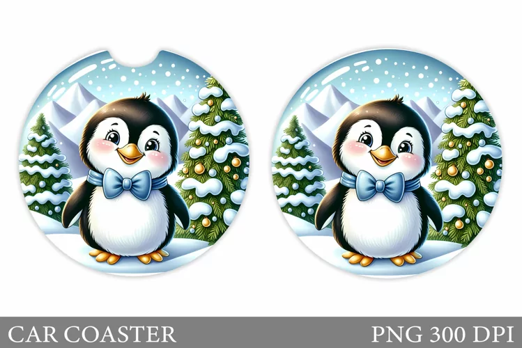 Cute Penguin Car Coaster. Christmas Car Coaster Design