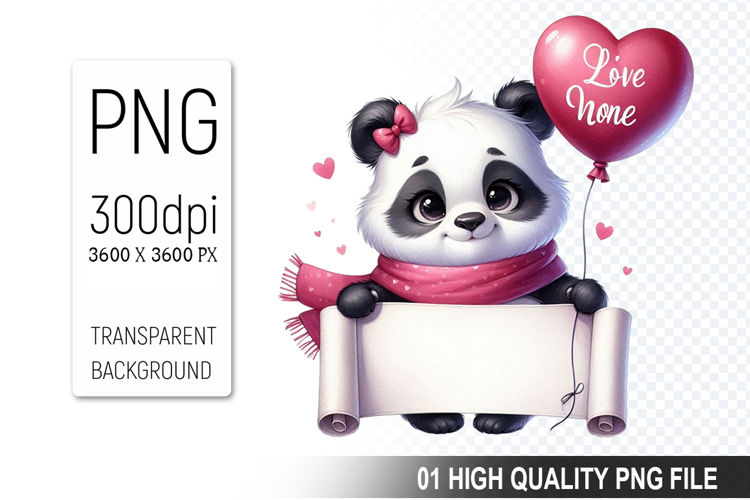 Cute Panda Clipart PNG, Valentines Day Animal PNG File