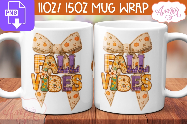 Fall Vibes mug wrap PNG, Retro Fall mug template