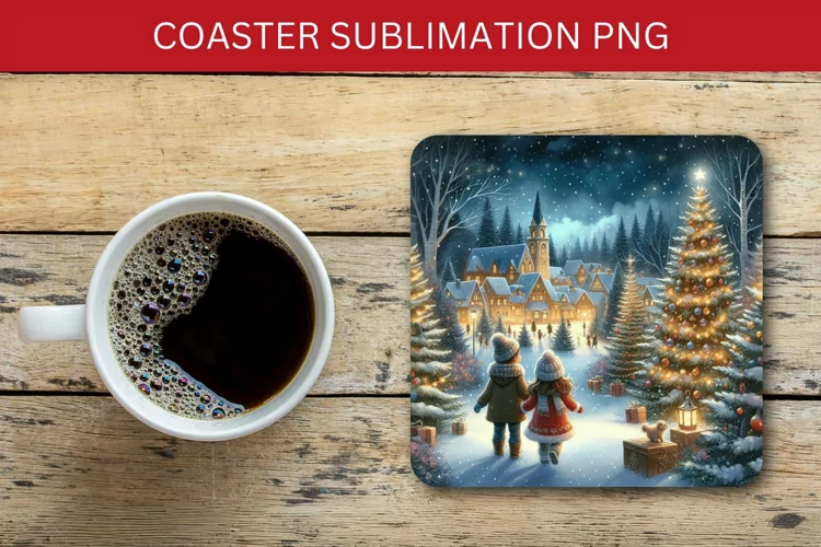 square coaster - christmas village with children