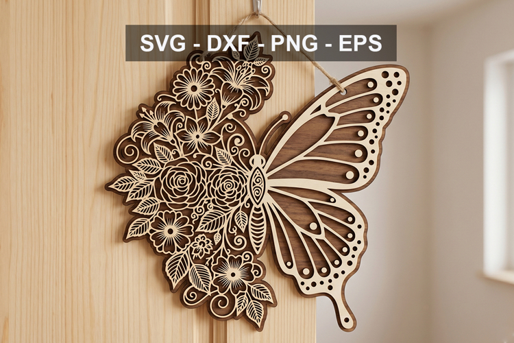 Floral butterfly Door Hanger SVG | Round Wooden Sign