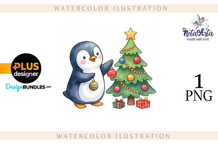 Christmas Penguins in Watercolor Style example image 1