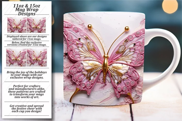 Sparkling Butterflies in 3D: Glossy Mug Wrap 11oz 15oz