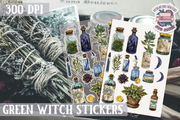 Witch sticker Sheet Green Magic Moon Spell Herbs Halloween