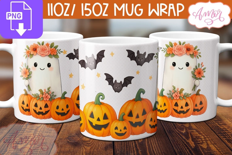 Cute Halloween mug wrap PNG, Cute ghost and pumpkins png