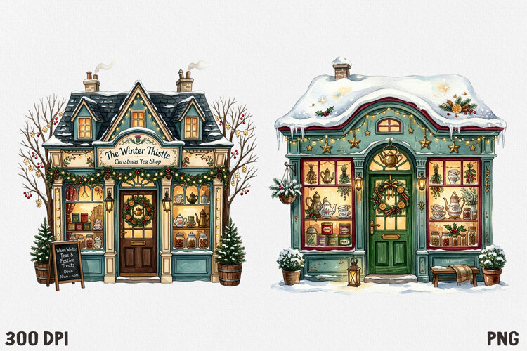 Christmas Village Watercolor Clipart PNG, Whimsical Holiday example image 1