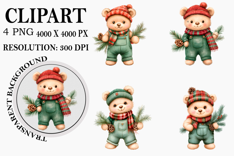Christmas Teddy Bear Clipart Watercolor PNG