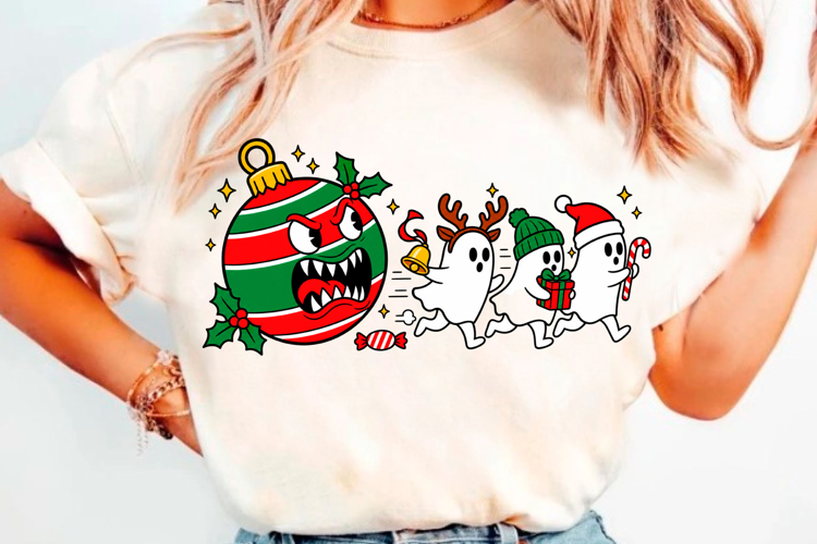 Cute Christmas ghost characters with ornament, gift and holi