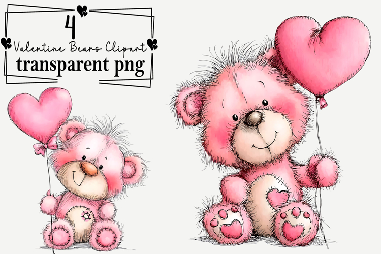 Valentine Bears Clipart Watercolor PNG example image 1