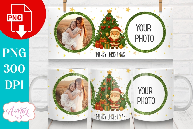 Merry Christmas photo mug wrap PNG, Santa mug template png