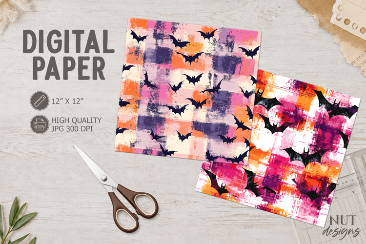 Purple, orange Plaid Halloween Digital Paper Spooky Bat