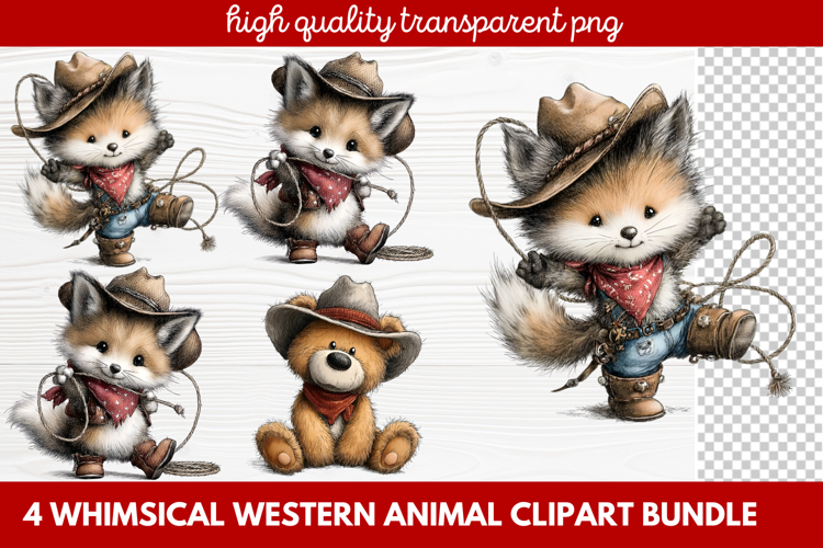 4 Whimsical Western Animal Clipart | Cute Cowboy Animals PNG