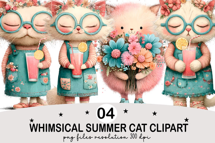 Whimsical Summer Cat Clipart Watercolor png