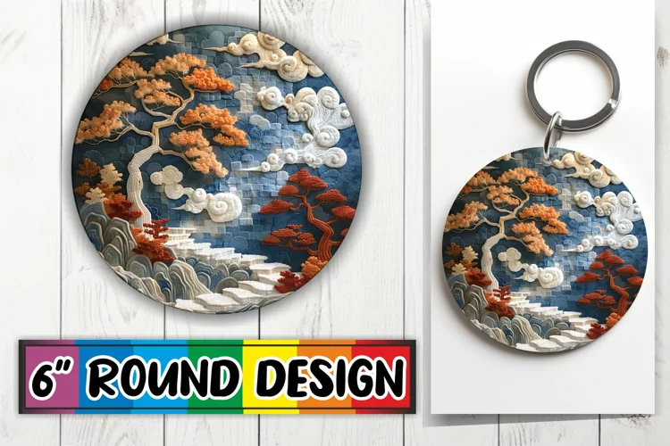 Embroidered Beauty Scene Circle Kaychain Sublimation Design