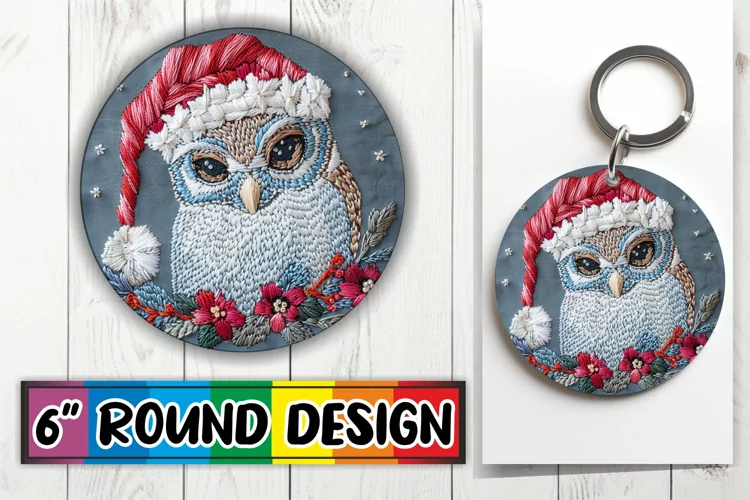 Holiday Owl Round Design Sublimation Keychain Embroidery