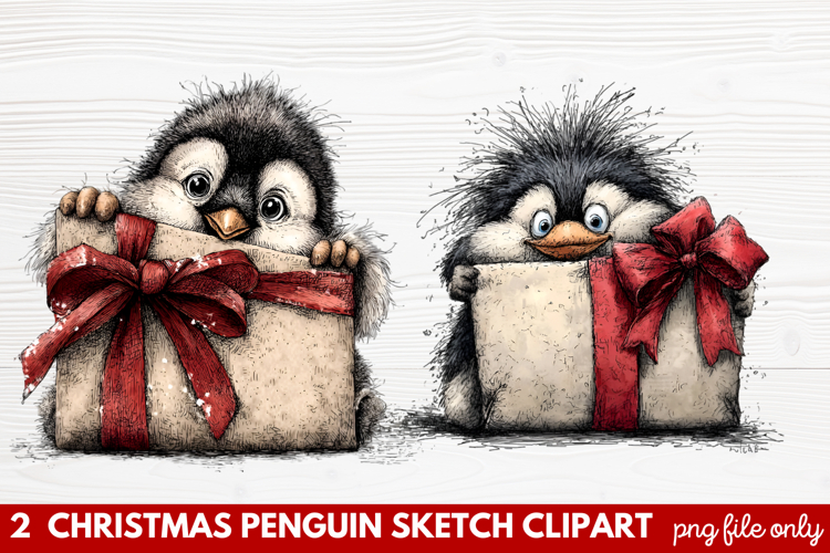 Christmas Penguin Sketch Clipart | Hand-Drawn Holiday