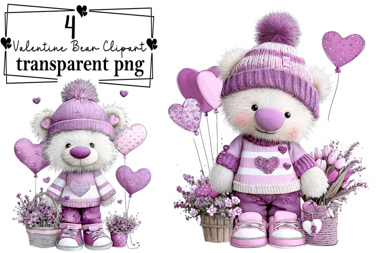 Whimsical Valentine Teddy Bear Clipart Watercolor PNG example image 1