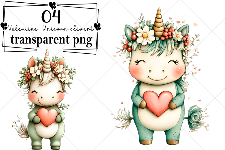 Whimsical Valentine Unicorn Clipart Watercolor PNG